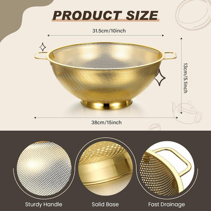 Norme 7 Quart Stainless Steel Gold Colander and 3 Pcs Gold Fine Mesh Strainer, Stainless Steel Pasta Rice Food Metal Strainer with Handles, Easy Clean and Dishwasher Safe
