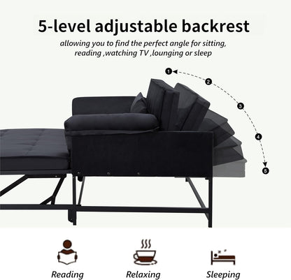 Pull Out Sofa Bed, 46” Futon Couch with Convertible Sleeper, Velvet Pull Out Couch with Adjustable Backrest, Small Sofa Bed with 2 Pillows for Living Room Office Guest Room, Black