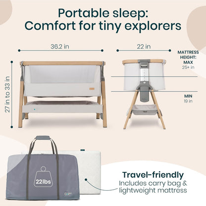 CoZee® 2-in-1 Baby Bassinet & Bedside Sleeper - Fast-Folding Bedside Bassinet, Baby Crib with 6 Mattress Heights & Breathable Mesh Window, Mattress Included, 0-6 Months (Silver & Oak)