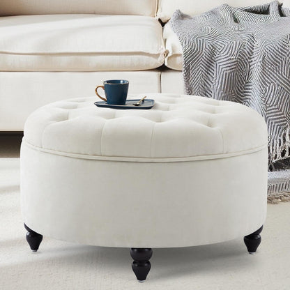 30-Inch Large Round Ottoman, Tufted Coffee Table with Removable Lid Top, Upholstered Footrest Modern Button Circle Storage Ottoman for Living Room, Office, Ivory
