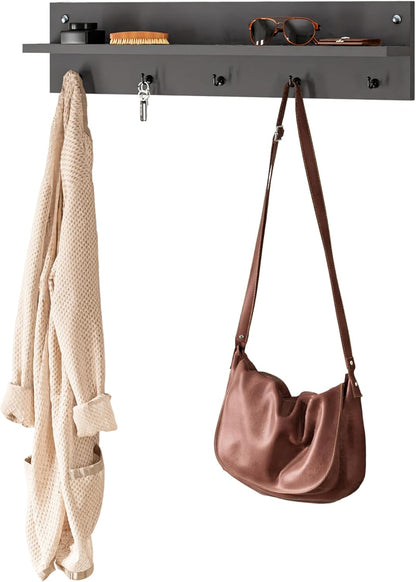 Modern Wall-Mounted Coat Rack with Shelf and Hooks - Wooden Entryway Organizer (Grey)