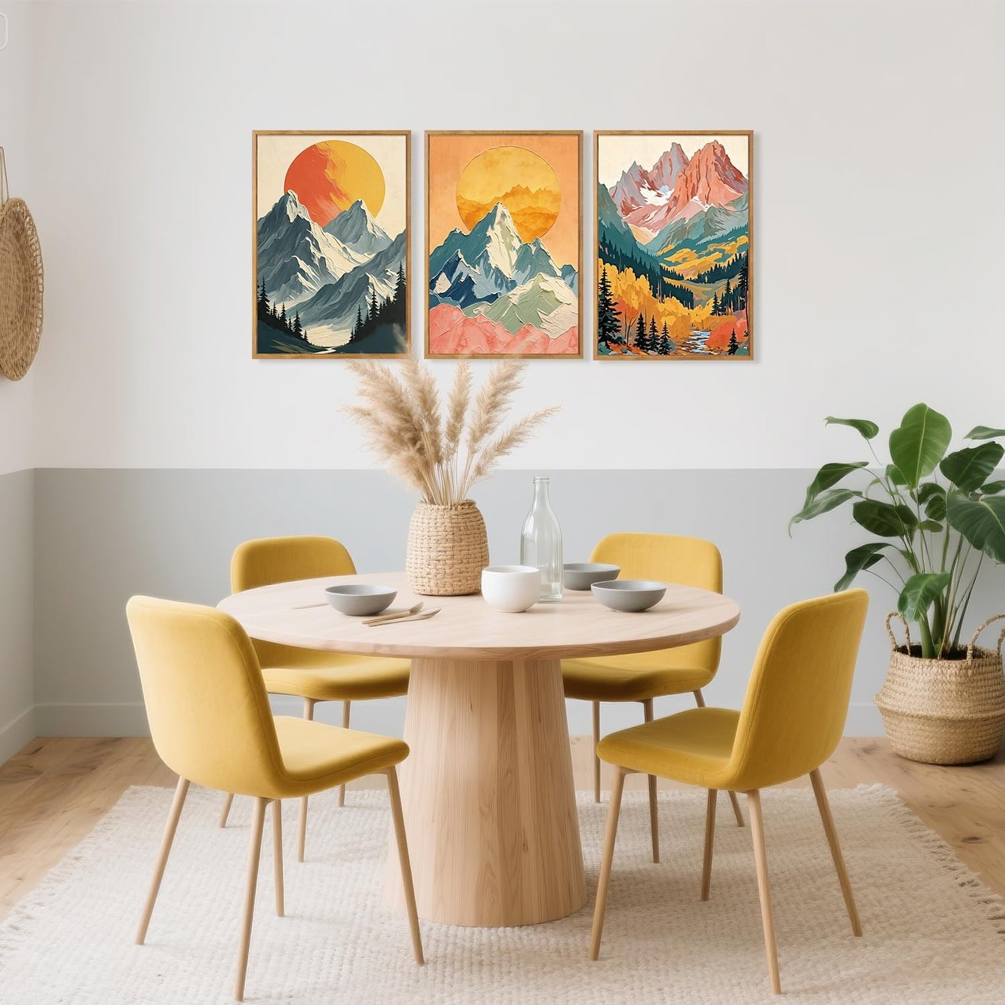 HPNIUB Mountains Forests Framed Canvas Wall Art Set, Abstract Woodland Painting, Boho Scenery Sun Wall Decor, Pretty Grassland River Artwork for Living Room, Bedroom, Dining Room, Office - 16"x24"x3