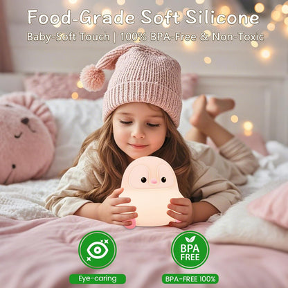 Penguin Night Light for Kids,Cute Pink Penguin Touch Lamp,Soft Silicone Nursery Nightlight,LED Squishy Novelty Animal Bedside Lamp,Rechargeable/Dimmable/Timer Desk Lamp,Kids Room Decor