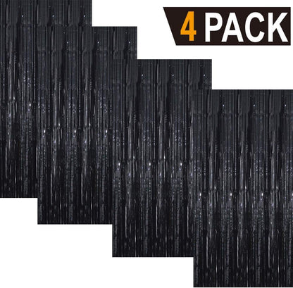 GOER 3.2 ft x 9.8 ft Metallic Tinsel Foil Fringe Curtains Party Photo Backdrop Party Streamers for Halloween,Birthday,Graduation,New Year Eve Decorations Wedding Decor (4 Packs,Black)