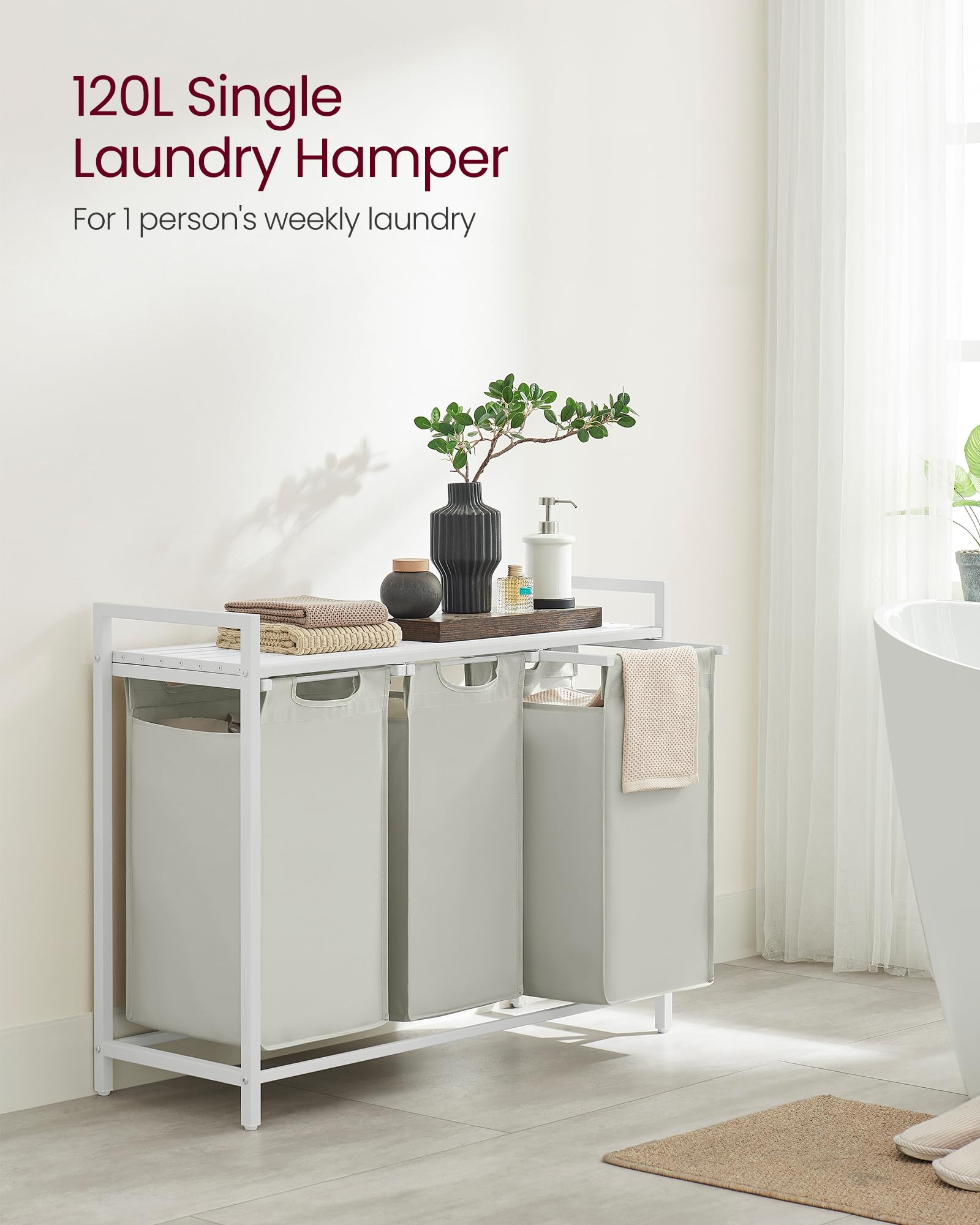 VASAGLE Laundry Hamper, Laundry Basket, Laundry Sorter with 3 Pull-Out and Removable Bags, Shelf
