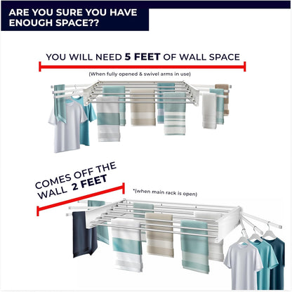 MODERN-X Wall Mounted Clothes Drying Rack with 6 Swivel arms, 35”Wide, 26 Linear ft of Laundry Drying Rack Space, 6 Collapsible Aluminum rods, 2X Drying Capacity, Space Organizer Holds up to 60lbs