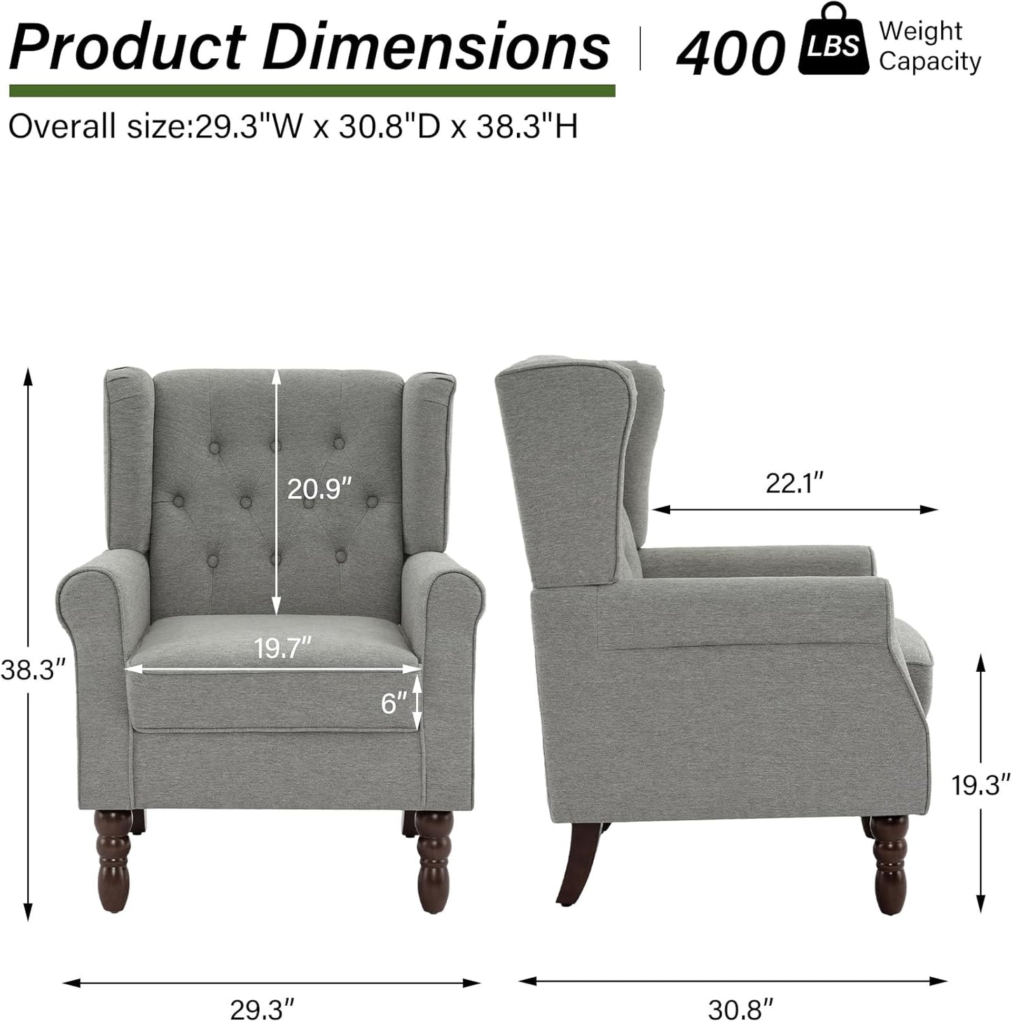 Accent Chair, Upholstered Armchair with Button Tufted High Back & Solid Wood Legs, Comfy Wingback Reading Single Sofa Chair for Small Spaces, Living Room, Bedroom (Light Grey, Set of 1)