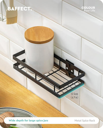 Metal Spice Rack Wall Mount Floating Shelves 2 Pack Black Storage organizer for Cabinet Door Pantry Kitchen Bathroom Supplies (13.7inches length)