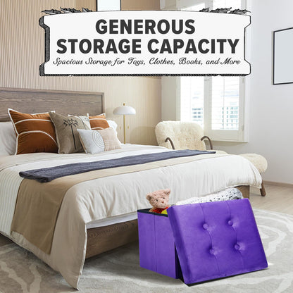 LINMAGCO Storage Ottoman Folding Foot Stool Foot Rest with Side Pocket Modern Ottoman with Storage Short Sofa Stool Velvet 17x13x13(Purple)