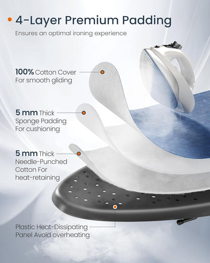 SONGMICS Ironing Board, Foldable Iron Board, Height Adjustable up to 35 Inches, with 4 Layered Cover and Pad, Iron Rest, Hook, Steel X-Legs, for Home, Laundry Room, Dorm, Midnight Blue ULLB001Q01