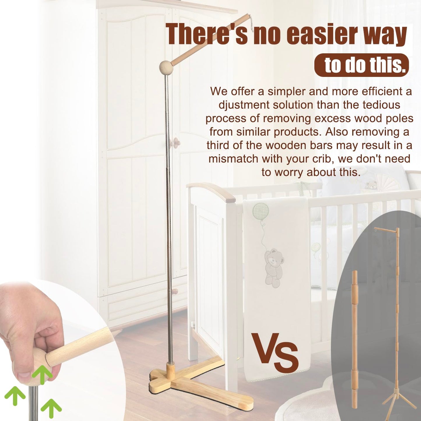 Crib Mobile Wooden Arm, Suitable for All Cribs 100% Natural Larch Hanger Nusery Decor Baby Room Safe Holder(Mobile is not Included (Standing Arm)
