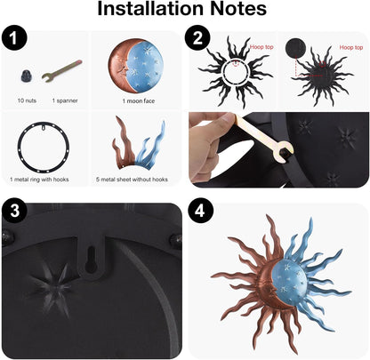 VZVXCC Metal Sun Outdoor Wall Art Decor-30 Inch Larger Size Sun Outdoor Wall Art Decor with Moon & Stars,Retro Decoration Hanging for Indoor Outdoor Garden Fence Living Room Bedroom