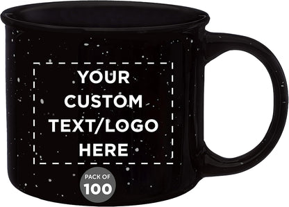 DISCOUNT PROMOS Custom Ceramic Campfire Coffee Mugs 13 oz. Set of 100, Personalized Bulk Pack - Perfect for Tea, Espresso, Cappuccino, Hot Cocoa - Black