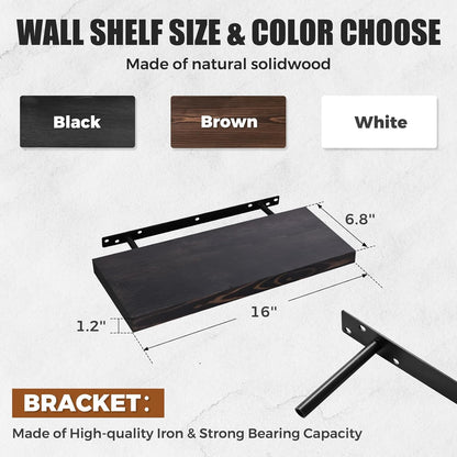 Floating Wall Shelves - 16"x6.8"x1.2" Sturdy Rustic Black Solid Wood Shelves for Storage and Décor, Easy Installation for Living Room, Bedroom, and Kitchen - 2 Pack