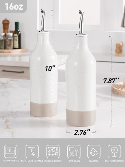 famiware Milkyway 16oz Ceramic Olive Oil Dispenser Bottle, Olive Oil and Vinegar Dispenser Bottle Set of 2 with Stainless Steel Pourers, Suitable for Storage Vinegar, Soy Sauce, Liquids, White