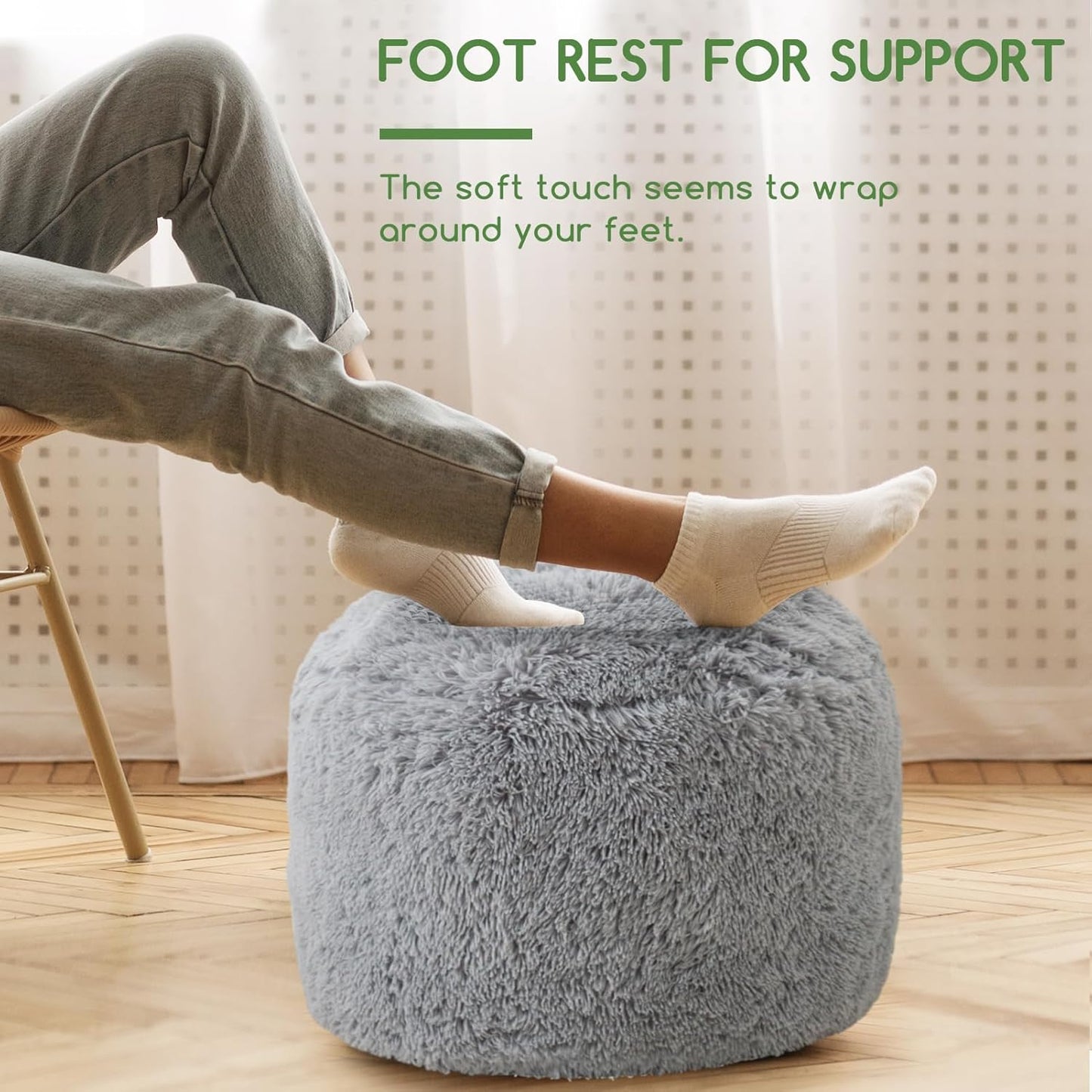 HIGOGOGO Round Stuffed Pouf Ottoman, Long Faux Fur Poufs with Foam Chunk Filling, Fluffy and Furry Pouf Foot Stool Storage Ottoman, 20 X 15 Floor Poufs Foot Rest for Living Room, Grey