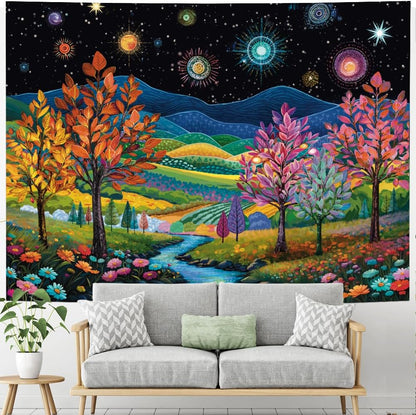 Heynvioo Blacklight Forest Tree Tapestry UV Reactive Fantasy Starry Sky Tapestries Colorful Nature Landscape Tapestry Hippie Mountain Tapestries Vintage Aesthetic Wall Hanging Decor for Home