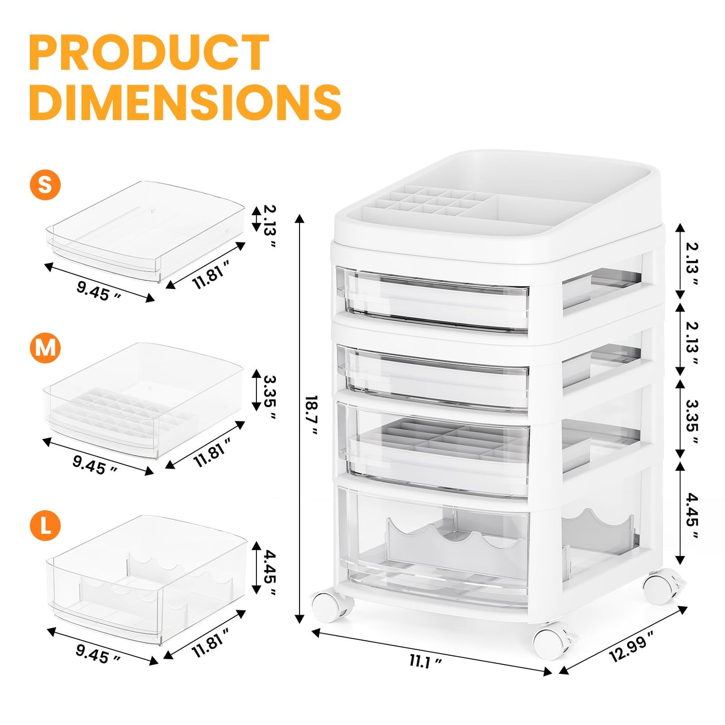 Rolling Cart with 4 Drawers, Clear Plastic Drawer Organizers, Vanity Cart