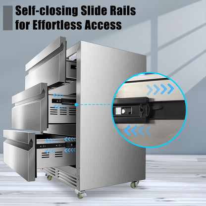 24 Inch Upgraded Three-Drawer Beverage Fridge, Weather Proof Outdoor Stainless Steel Beverage Refrigerator, Under Counter Built-in Beverage Cooler for Home & Commercial Use