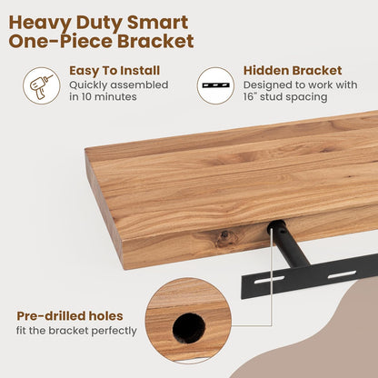 Floating Shelves for Wall Decor, 8" Deep Rustic Solid Elm Wood Floating Shelves Wall Mounted, Wall Shelves with Invisible Bracket for Living Room Bathroom Bedroom Kitchen, 72 Inch Set of 1, Natural