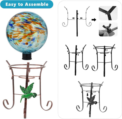 10 Inch Glass Gazing Ball, with 9.4" Tall Metal Gazing Globe Stand, Glass Balls Display Holder Set for Outdoor Garden Lawn Yard Decoration, Blue Artistic