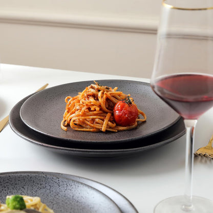 Stone Lain Valencia Porcelain 32-Piece Round Dinnerware Set, Plates and Bowls Set, Dish Set for 8, Metallic Grey