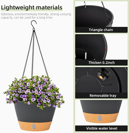 QCQHDU 2 Pack Hanging Planters for Indoor Outdoor Plants, 8 Inch Hanging Baskets Flower Pots with Reservoir Tray & Visible Water-Level