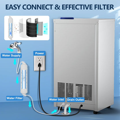 Commercial Ice Maker Machine, 150Lbs/24H with 45Lbs Storage, Fast Ice Making in 8-15Mins, Stainless Steel Under Counter or Freestanding Ice Machine for Home, Party, Office - 2 Water Inlet Modes