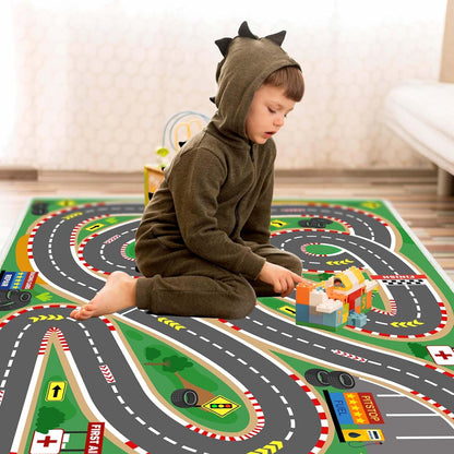 Kids Rug Race Track Play mat Playroom Rug Car Rugs for Kids Toy Cars Road Rugs for Kid Classroom (Race-Green, 2.6x3.9ft)