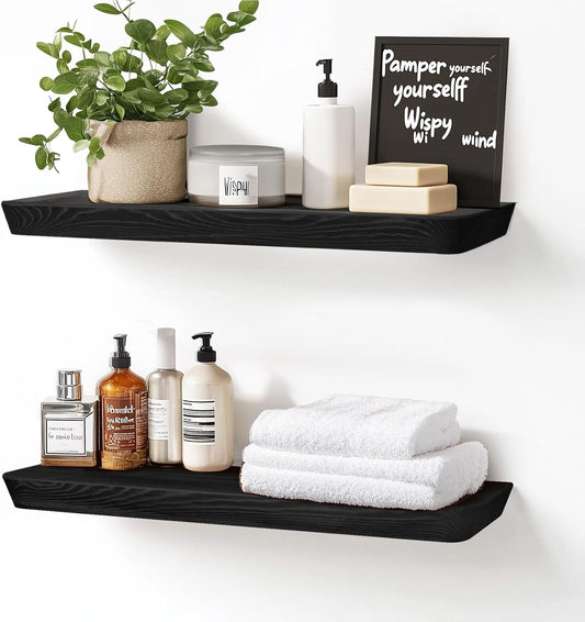 24"x6.8"x1.6" Slanted Floating Wall Shelves 2-Pack - Rustic Black Finish, Heavy-Duty Solid Wood Design with Hidden Brackets - Perfect for Living Room, Kitchen, Bathroom, or Office