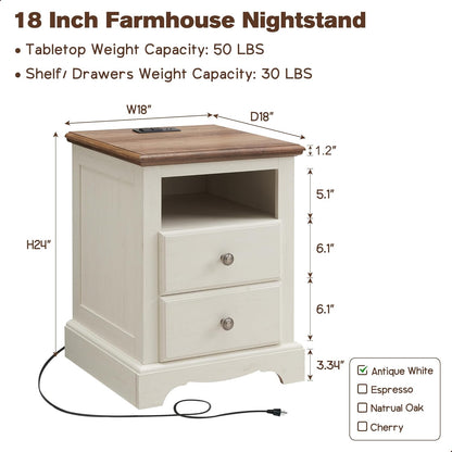 T4TREAM Nightstand with Charging Station, 18 Inch Vintage End Table with 2 Drawers, Wood Rustic Sofa Side Table with Open Storage Shelf for Bedroom, Living Room, Antique White