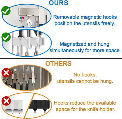 14 Inch Magnetic Knife Holder for Refrigerator - Knife Magnetic Strip for Fridge with Magnetic Hooks - Double Sided Magnetic Knife Bar - Stainless Steel Kitchen Magnetic Knife Hanger Rack