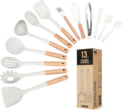Kitchen Utensils Set, 13PCS Silicone Cooking Utensils, Heat Resistant Kitchen Utensil Spatula Set for Nonstick Cookware, Wooden Handles Kitchen Gadgets Tools Set