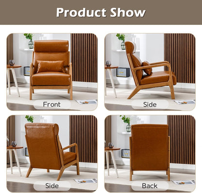 INZOY Mid Century Modern Accent Chair Set of 2, High Back Reading Armchair with Wood Frame, PU Leather Living Room Chairs with Waist Cushion, Single Lounge Arm Chair for Bedroom Sunroom, Camel