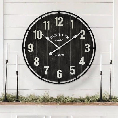 Large Old Town Farmhouse Wall Clock – 24 Inches Rustic Antique Wood with Metal Circle and Large Numerals, Silent Battery Operated Clock for Office, Kitchen, Bedroom, Living Room (Black)