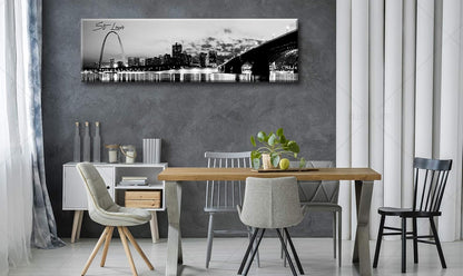 DJSYLIFE Panoramic St. Louis Skyline Wall Art Cityscape Picture Black and White Canvas Print Night View Urban Landscape Modern Artwork Office Bedroom Decor Framed and Ready to Hang 13.8"x47.3"