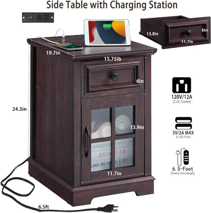 Farmhouse XXL End Table with Charging Station, Side Table with USB Ports and Outlets, Nightstand with Drawer and Glass Door Storage, Cherry Bedside Tables for Living Room, Bedroom, Office
