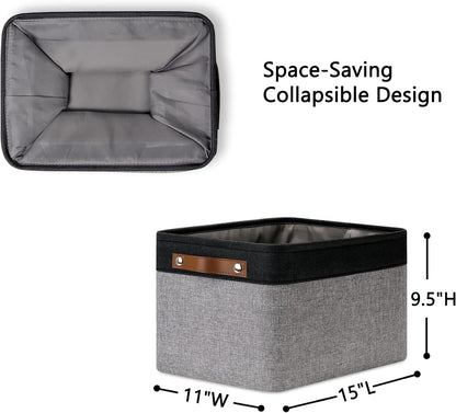DULLEMELO Canvas Storage Bin with Handles, Fabric Bins for Shelves, Bedroom, Office,Nursery,Fabric Storage Baskets for Toys, Clothes,Gift(Black&Grey,15"x11"x9.5",4-Pack)