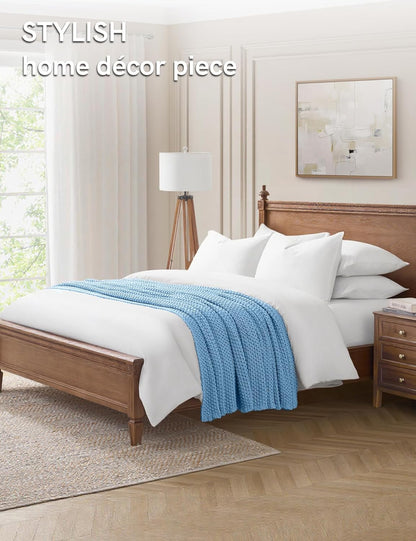 YnM Chunky Cotton Knit Throw Blanket, Cable Knit Throws for Bed Couch Sofa, Comfy & Relaxing, Decorative Piece for Farmhouse Modern Boho Rustic Scandinavian Chic Vibe, Aqua Blue 60x80 Inches