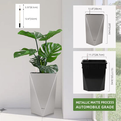 Dexceder 20 Inches Tall Self Watering Planter Diamond Metallic Matte Indoor Outdoor, Thickened Rhombus Large Floor Standing Flower Plant Pot with Water Level Indicator (Gray)
