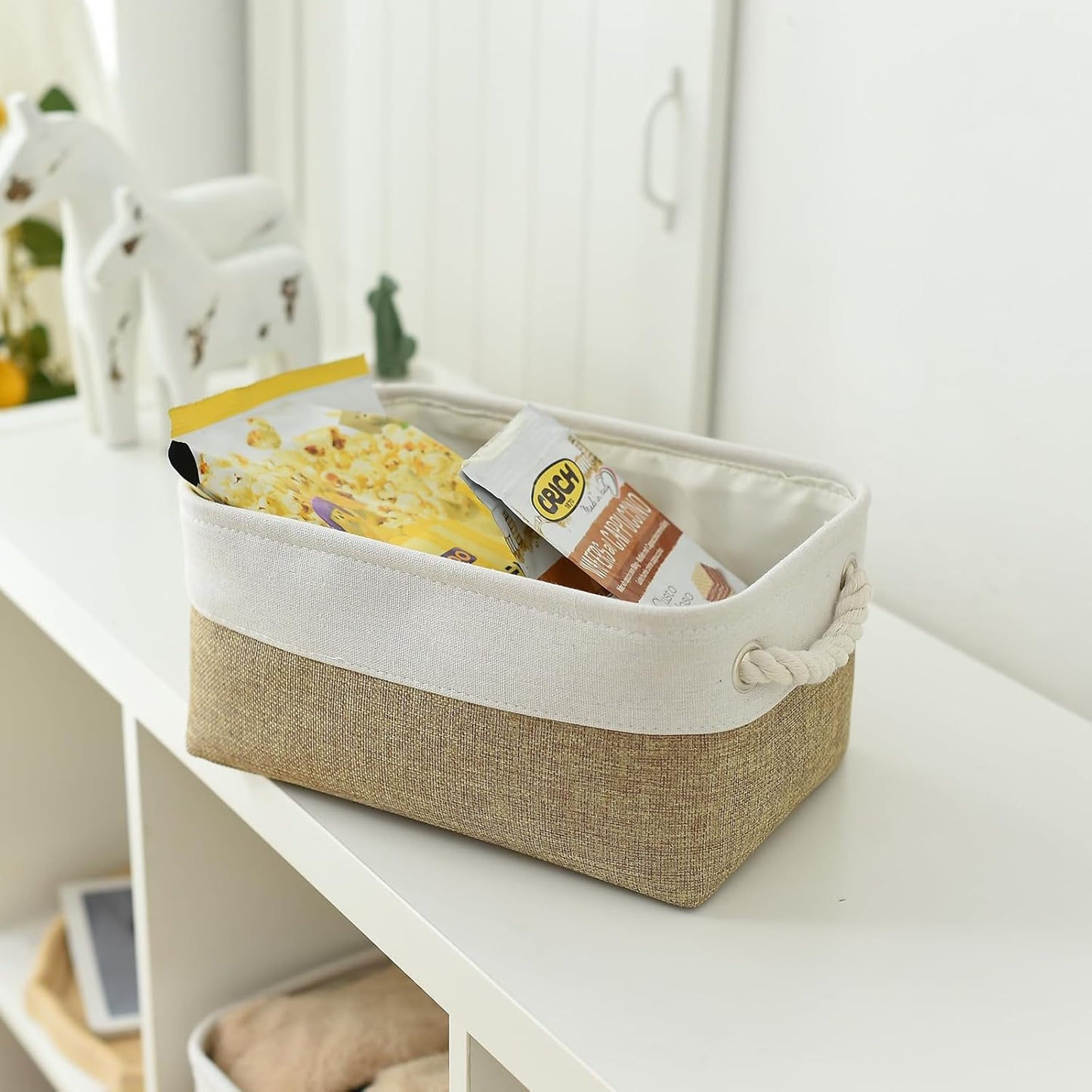 TheWarmHome Storage Basket for Organizing - 1 Pack 12x8x5.2 inch Baskets for Gifts Empty with Handles, Fabric Storage Cubes for Organizer Closet Dog Gift Cloth Toy (Whiet & Khaki)