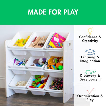 Humble Crew 9-Bin Toy Organizer – Hampton Sandwashed with White Plastic Bins, 3-Tier Storage Solution for Kids' Playrooms and Nurseries