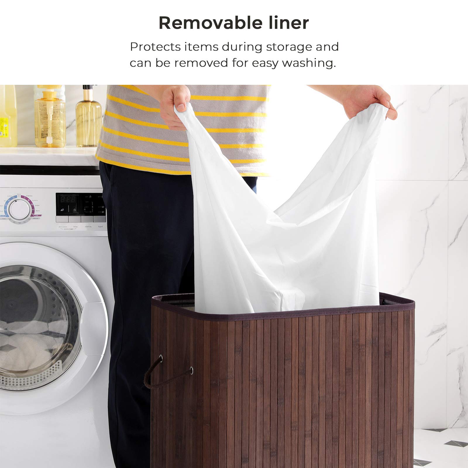 SONGMICS Laundry Hamper with Lid, Bamboo Launry Basket with Handles, Foldable Storage Basket for
