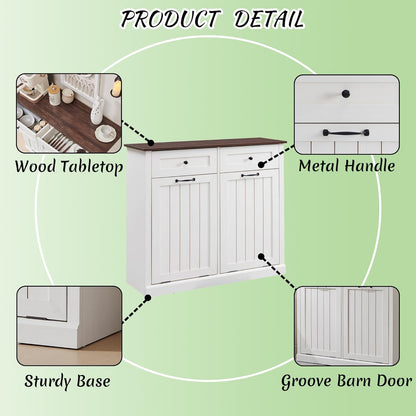 Double Tilt Out Laundry Hamper Cabinet, 20 Gallon Farmhouse Trash Can Cabinet with Drawer, Hidden Wood Garbage Can Bin Cabinets with Laundry Storage Basket for Bathroom, Kitchen (Antique White)