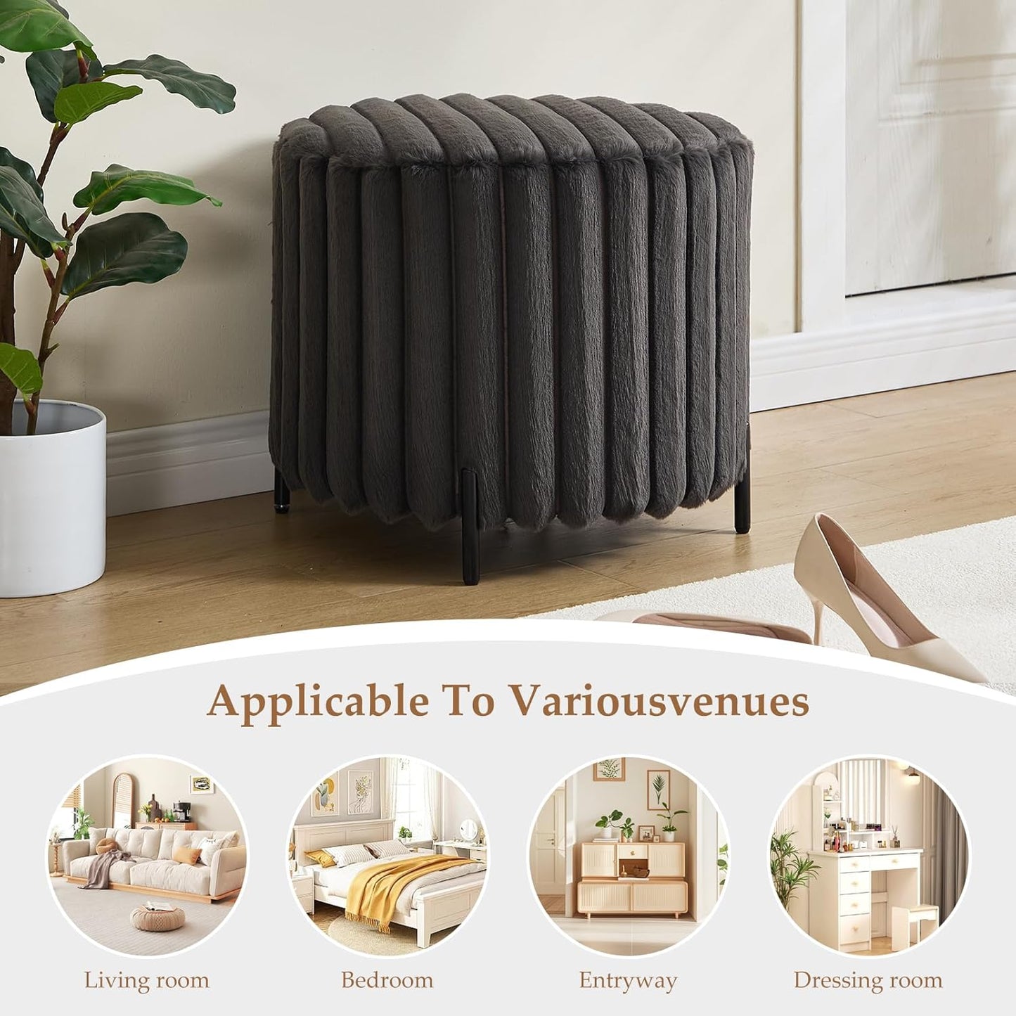 Furniliving Modern Round Ottoman, Large Size Bedroom Ottoman Footstool Round Ottomans Stool for Living Room, Bedroom, Makeup Room, Black, Faux Fur