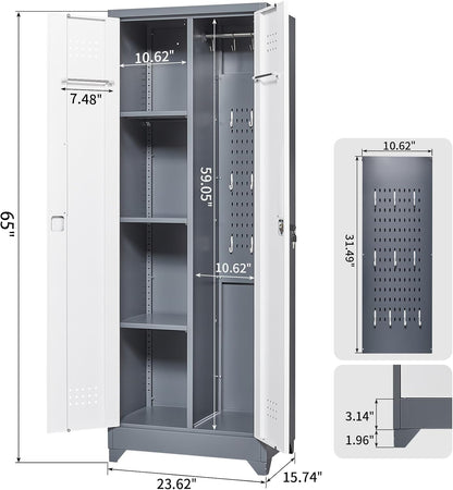 Locking Cabinet,Metal Storage Cabinet with Doors and Shelves,Broom Closet Storage Cabinets for Bedroom,Home Office,Grey-White