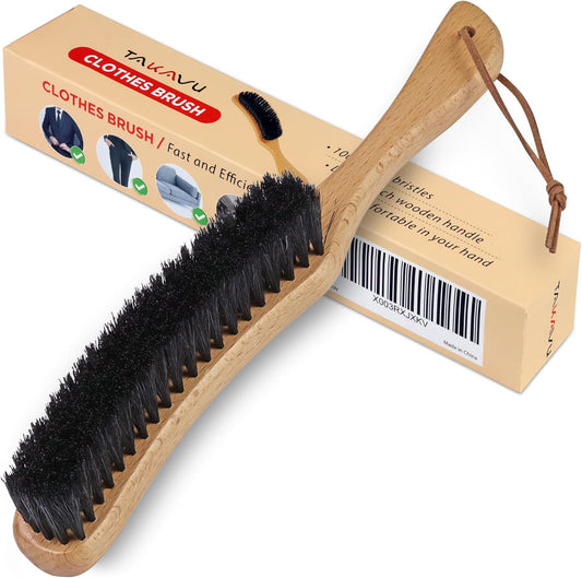 TAKAVU Clothes Brush Hat Brush, Black Boar Bristle Lint Brush with Large Beech Wood Handle