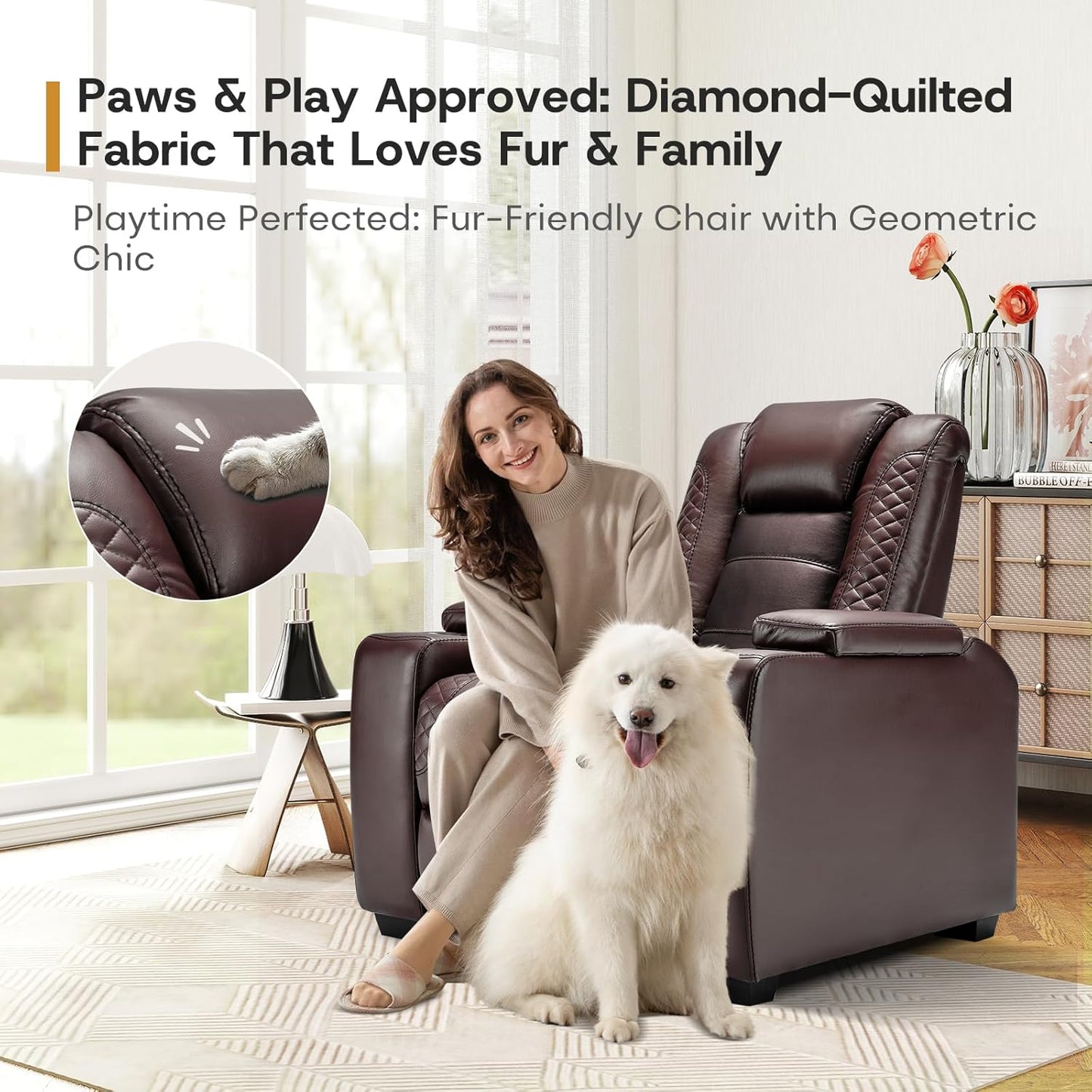 ANJ Power Home Theater Seating Set of 3, Brown Faux Leather Electric Recliner Chair with Powered Headrest, Dual Motors Movie Reclining Chairs with LED Lights,USB Port,Cup Holders, Hidden Arm Storage