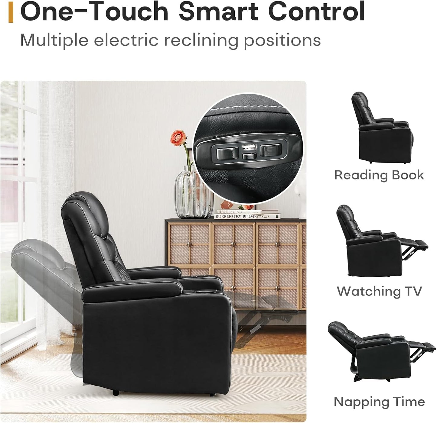 ANJ Power Home Theater Recliner Chair Set of 3, Electric Movie Theater Seating Reclining Chairs with Cup Holders for Living Room, Faux Leather with Blue LED, USB Ports, Hidden Arm Storage (Black)