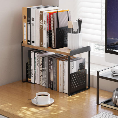 Mitus Shelf Organizer and Storage, Tiered Wood Cabinet Rack for The Kitchen Counter, Bathroom Counter, Pantry Cupboard, Office Desk Bookshelf, 16" Wide Natural and Black (Large)